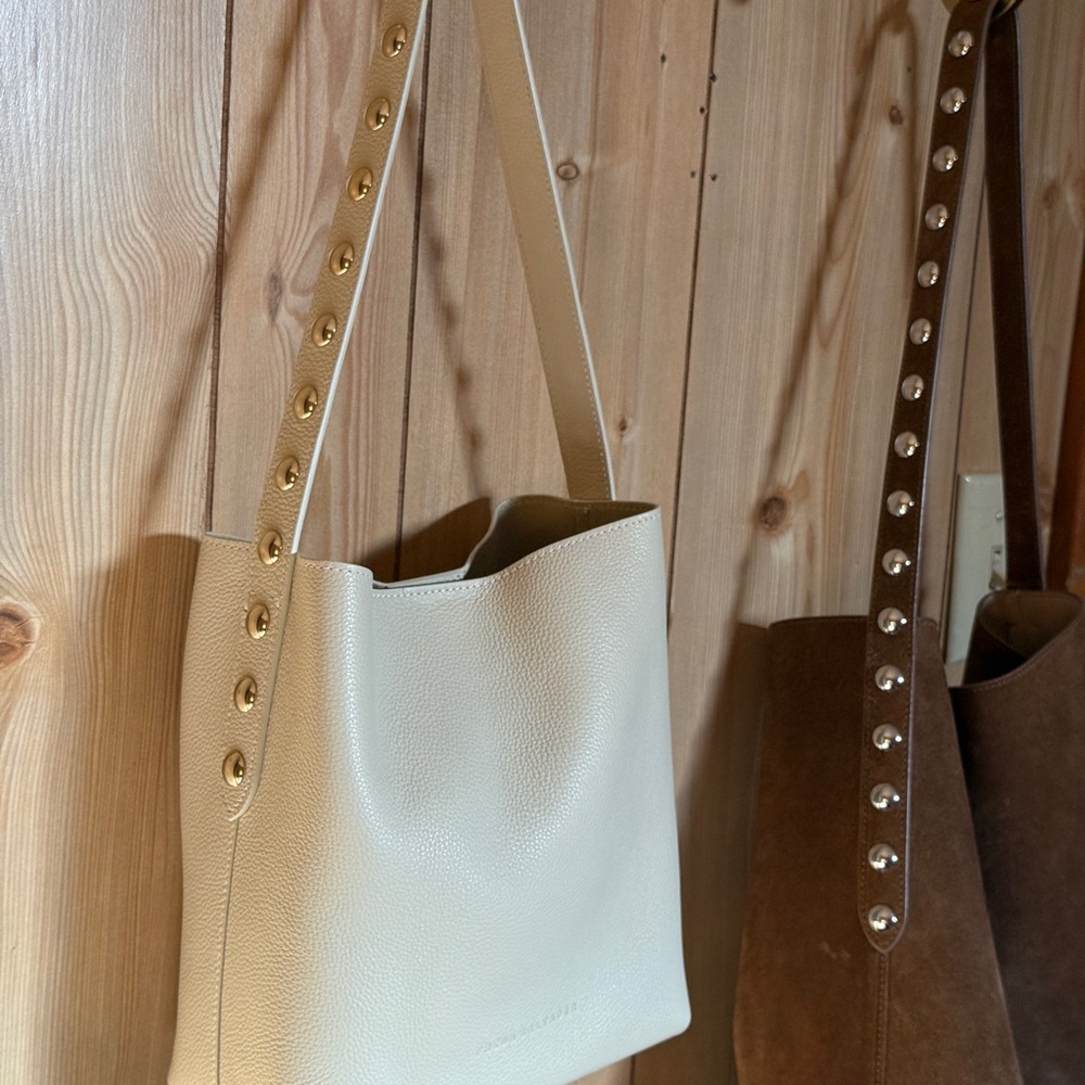 Frēda Salvador Shoulder Bag in Bone Pebbled Calf with Gold Studs 🤍